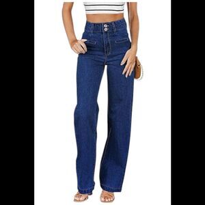 Sidefeel Women's High Waisted Wide leg Jeans Navy Blue - Regular